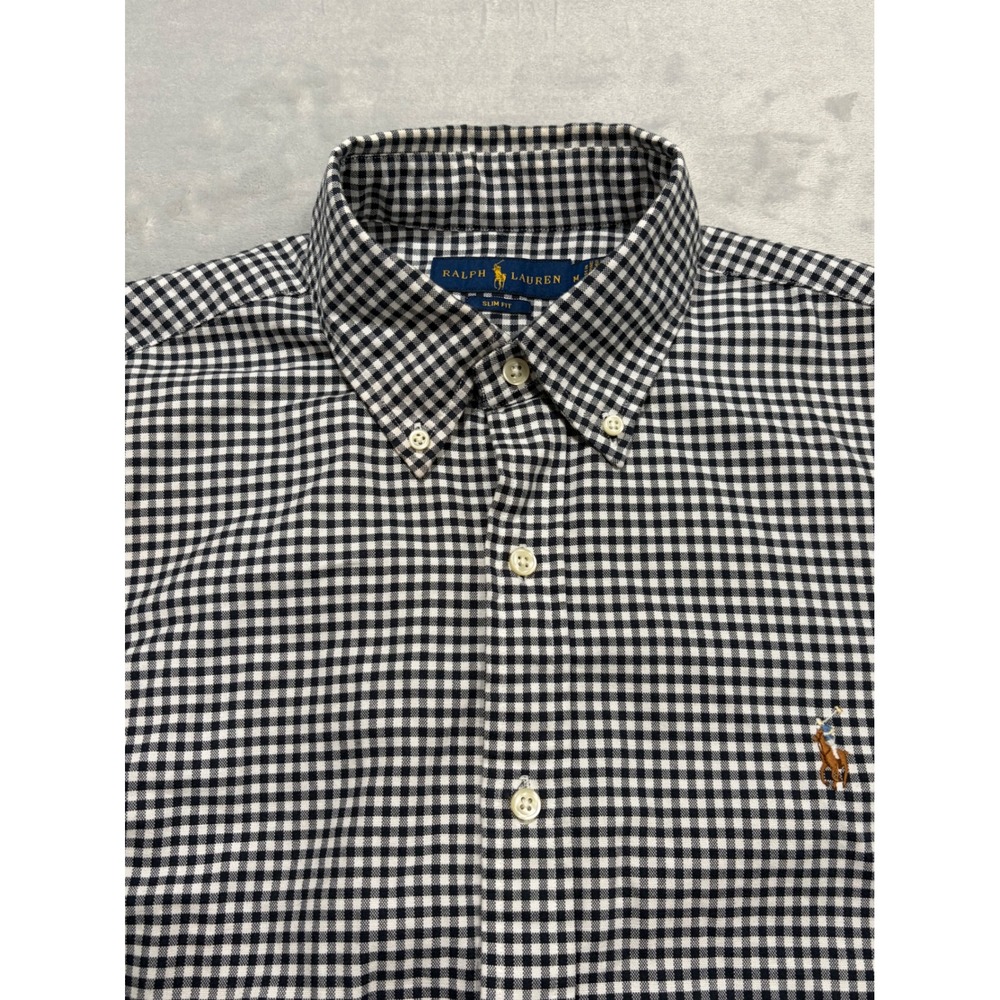Ralph Lauren Mens Gingham Button Down Shirt Slim Fit Flesh Pony Large Black